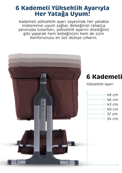 - Sallanabilir Anne Yanı Portatif Beşik - Yükseklik Ayarlı, Cibinlikli, ve Tekerlekli - Kahverengi