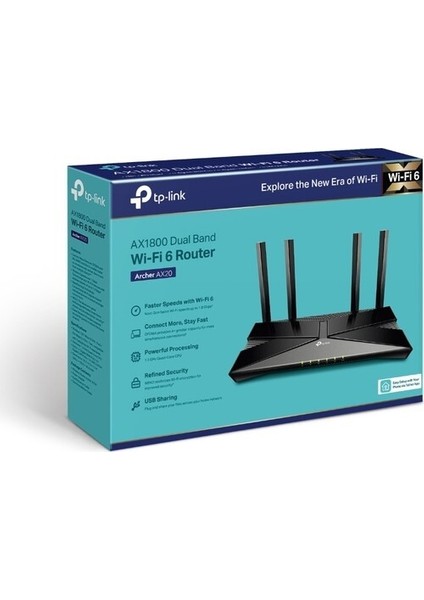 Archer AX20, AX1800 Mbps, Fiber Destekli, 4 Gigabit LAN Portları + 1 USB 2.0 Port, WPA3, Çift Çekirdekli İşlemci, Oyun için İdeal Xbox/PS/Steam ve 4K, Dual-Band Wi-Fi 6 Router