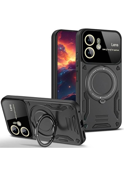 Xiaomi Redmi Note 14 Kılıf Magsafe Dönebilen Halkalı Standlı Kamera Lens Korumalı Gold Detaylı Military Tank Kapak