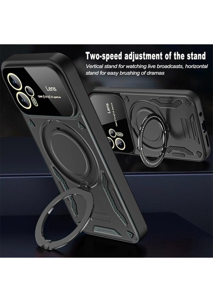 Xiaomi Redmi Note 14 Kılıf Magsafe Dönebilen Halkalı Standlı Kamera Lens Korumalı Gold Detaylı Military Tank Kapak