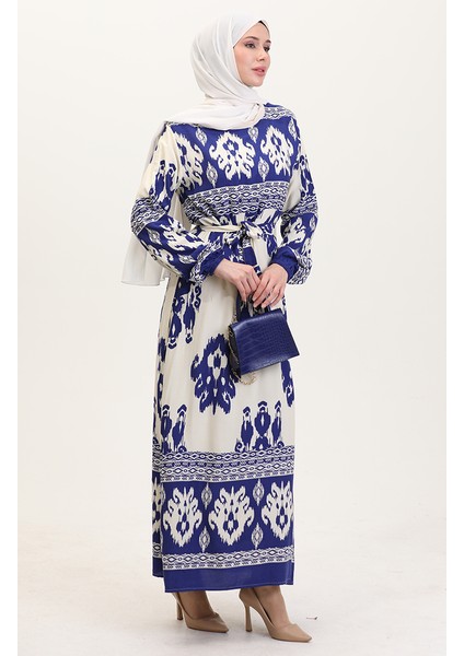 Desenli Viskon Elbise 0006-06 Indigo Bej