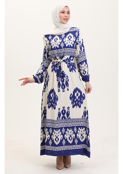 Desenli Viskon Elbise 0006-06 Indigo Bej