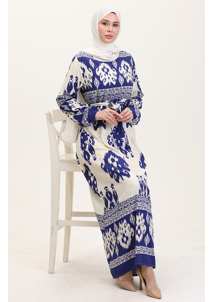 Desenli Viskon Elbise 0006-06 Indigo Bej