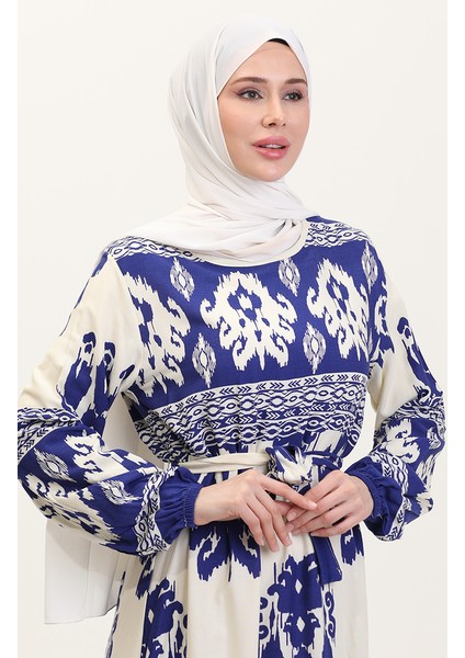 Desenli Viskon Elbise 0006-06 Indigo Bej