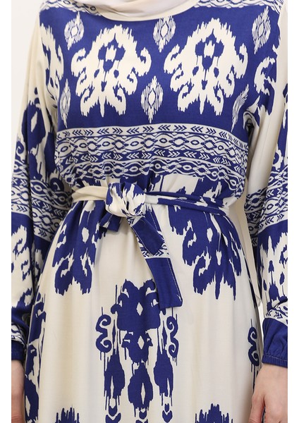 Desenli Viskon Elbise 0006-06 Indigo Bej