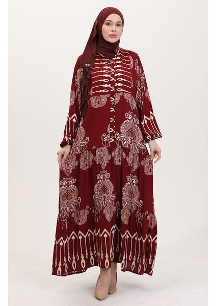 Viskon Kumaş Desenli Düğmeli Elbise 2014-01 Bordo