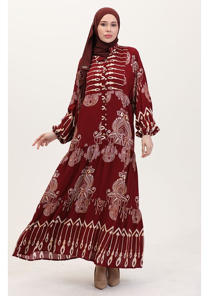 Viskon Kumaş Desenli Düğmeli Elbise 2014-01 Bordo
