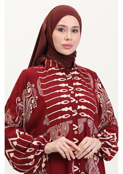 Viskon Kumaş Desenli Düğmeli Elbise 2014-01 Bordo