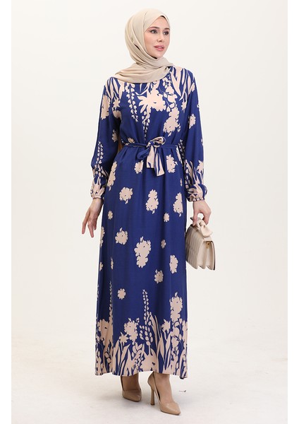 Desenli Kuşaklı Viskon Elbise 0018-06 Indigo Bej