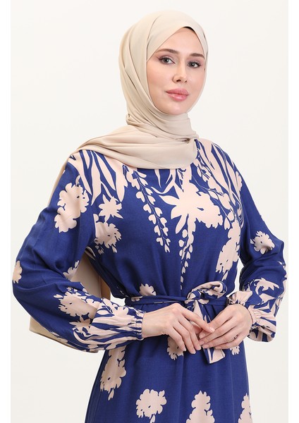 Desenli Kuşaklı Viskon Elbise 0018-06 Indigo Bej modelleri