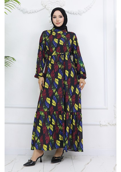 Jessica Kumaş Desenli Elbise 0033-01 Siyah Sarı