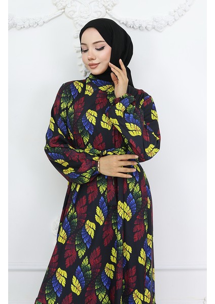 Jessica Kumaş Desenli Elbise 0033-01 Siyah Sarı modelleri