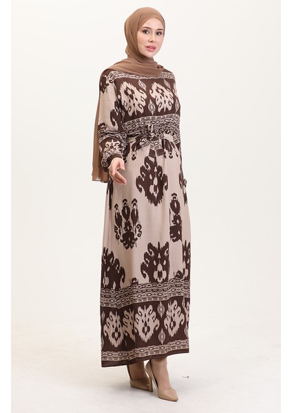 Desenli Viskon Elbise 0006-07 Kahve Sütlü Kahve