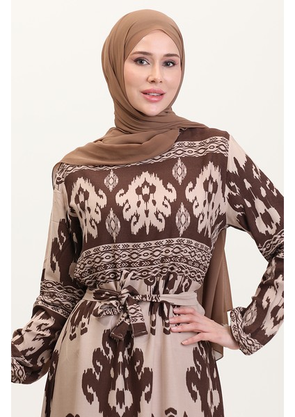 Desenli Viskon Elbise 0006-07 Kahve Sütlü Kahve modelleri