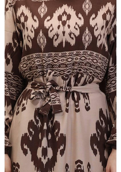 Desenli Viskon Elbise 0006-07 Kahve Sütlü Kahve fırsatları