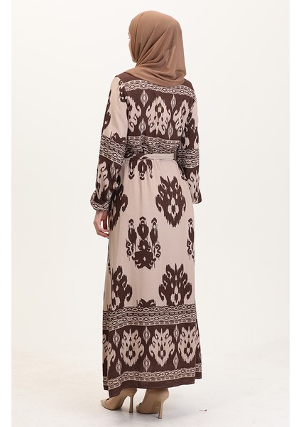 Desenli Viskon Elbise 0006-07 Kahve Sütlü Kahve indirimleri