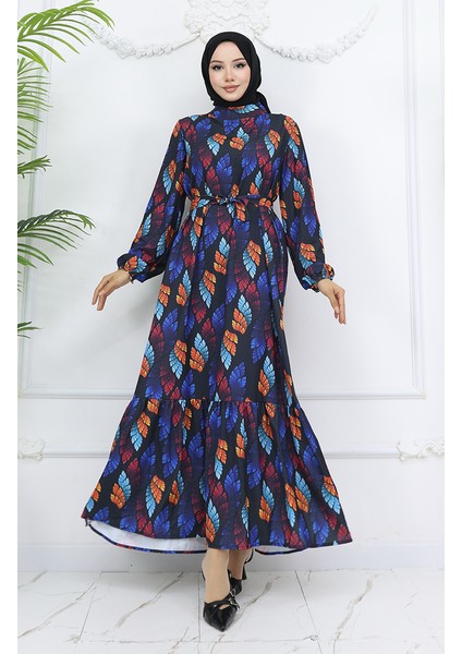 Jessica Kumaş Desenli Elbise 0033-03 Siyah Turkuaz
