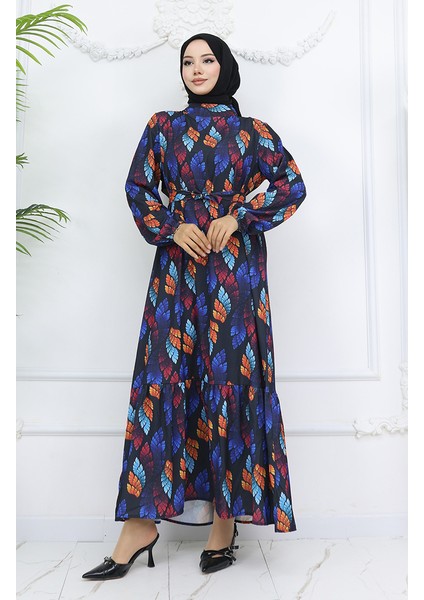 Jessica Kumaş Desenli Elbise 0033-03 Siyah Turkuaz fiyatları