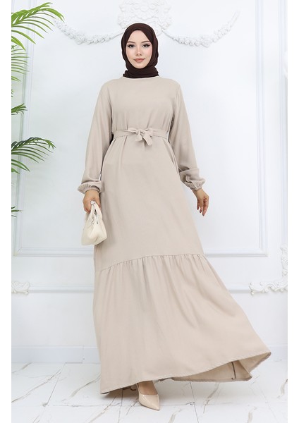 Belmando Kumaş Kuşaklı Elbise 2013-02 Vizon