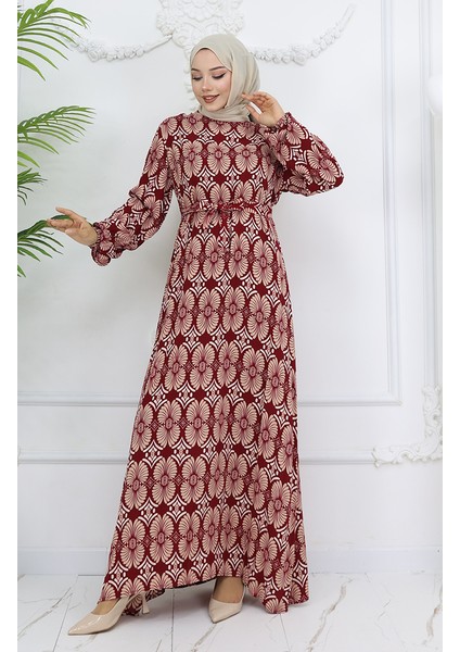 Viskon Kumaş Desenli Kuşaklı Elbise 2008-02 Bordo fiyatları