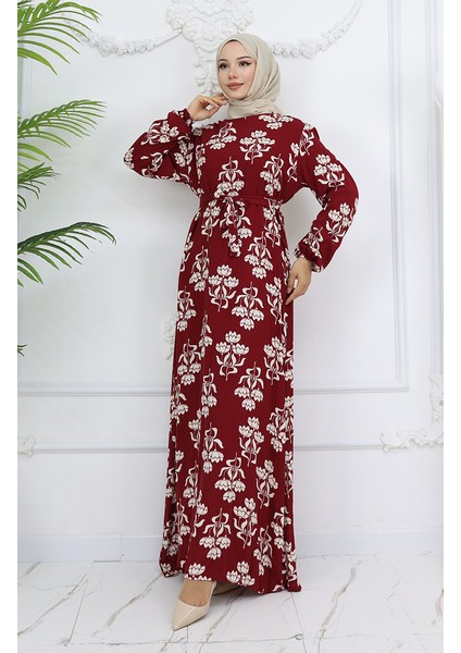 Viskon Kumaş Desenli Kuşaklı Elbise 2009-01 Bordo
