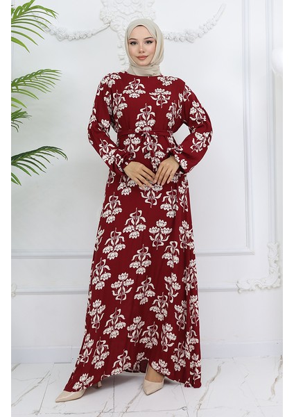 Viskon Kumaş Desenli Kuşaklı Elbise 2009-01 Bordo