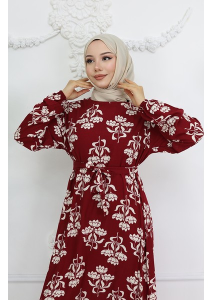 Viskon Kumaş Desenli Kuşaklı Elbise 2009-01 Bordo