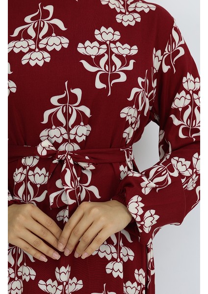 Viskon Kumaş Desenli Kuşaklı Elbise 2009-01 Bordo