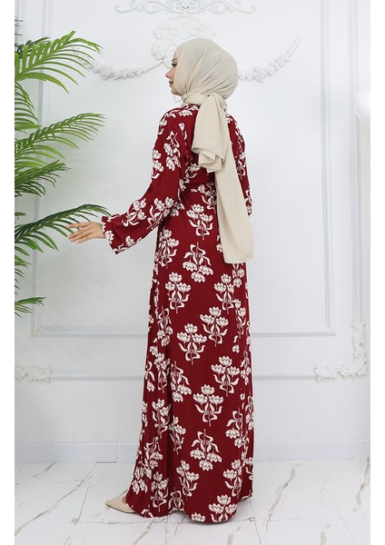 Viskon Kumaş Desenli Kuşaklı Elbise 2009-01 Bordo