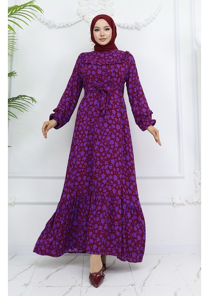 Viskon Kumaş Fırfırlı Elbise 2003-01 Bordo