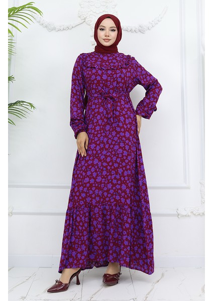 Viskon Kumaş Fırfırlı Elbise 2003-01 Bordo fiyatları