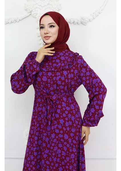 Viskon Kumaş Fırfırlı Elbise 2003-01 Bordo modelleri