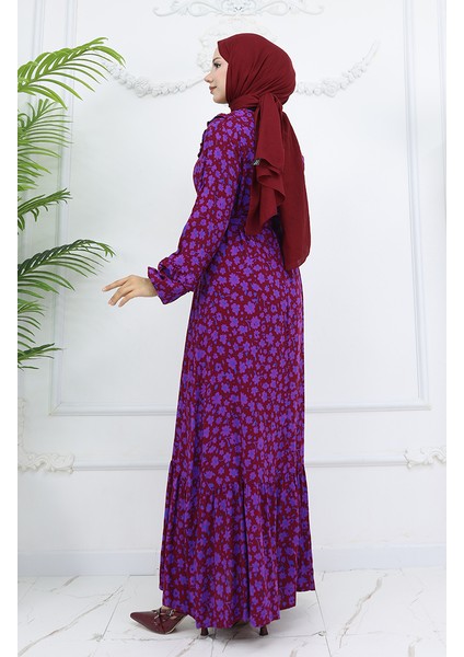 Viskon Kumaş Fırfırlı Elbise 2003-01 Bordo indirimleri