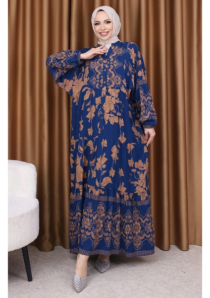 Balon Kol Çiçek Desenli Elbise 5574-06 Indigo