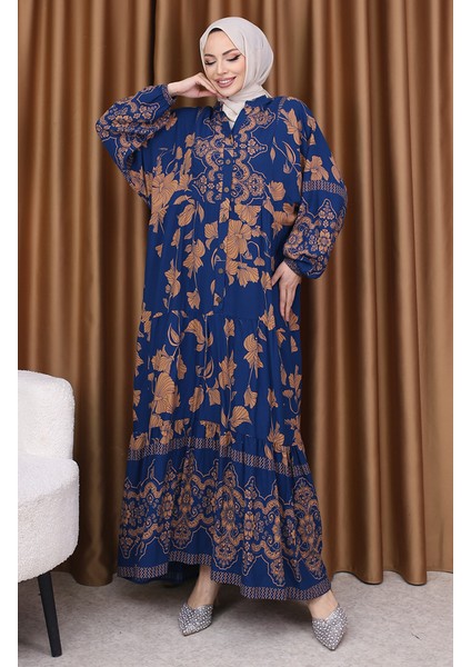 Balon Kol Çiçek Desenli Elbise 5574-06 Indigo fiyatları