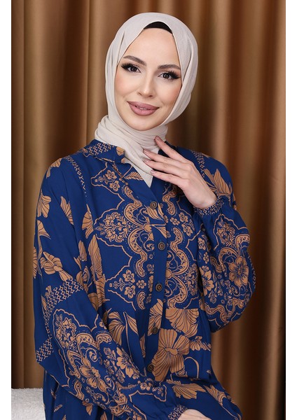 Balon Kol Çiçek Desenli Elbise 5574-06 Indigo modelleri