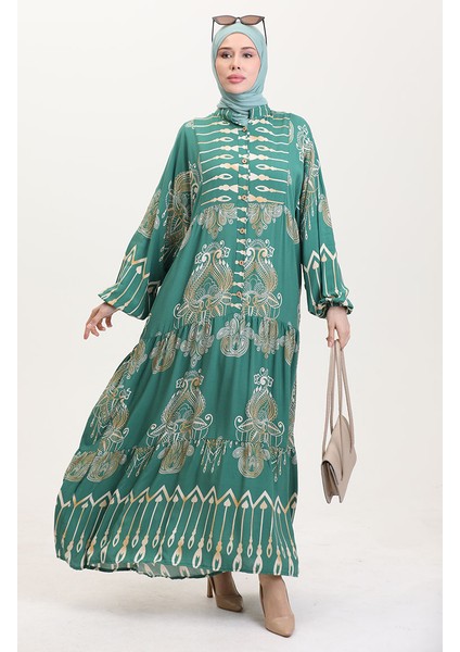 Viskon Kumaş Desenli Düğmeli Elbise 2014-02 Yeşil fiyatları