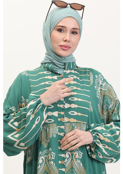 Viskon Kumaş Desenli Düğmeli Elbise 2014-02 Yeşil modelleri