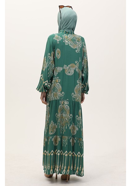 Viskon Kumaş Desenli Düğmeli Elbise 2014-02 Yeşil indirimleri