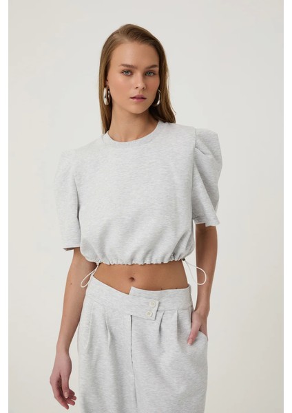 Beli Lastikli Basic Bluz Gri