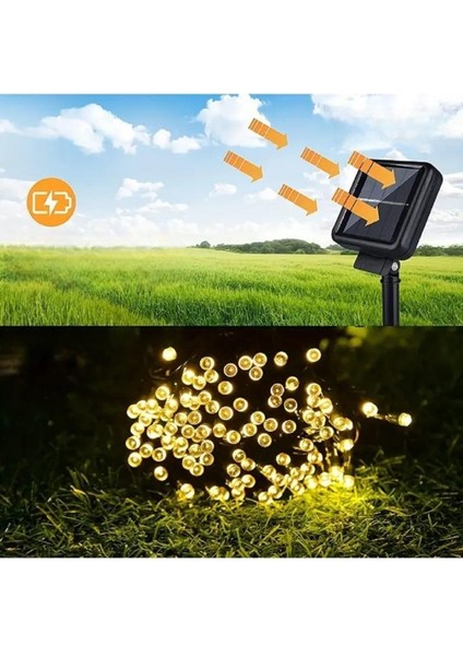 12 Metre 100 LED Solar Lamba Güneş Enerjili Sarı Işık Top Zincir Bahçe Aydınlatma Parti Süs Lambası