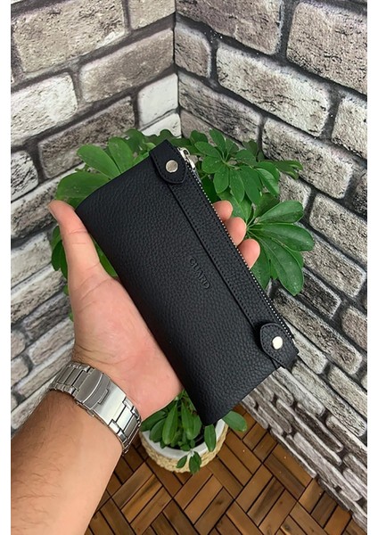 Hakiki Deri Siyah Çift Fermuarlı Telefon Gözlü Kadın Cüzdanı (T1576)