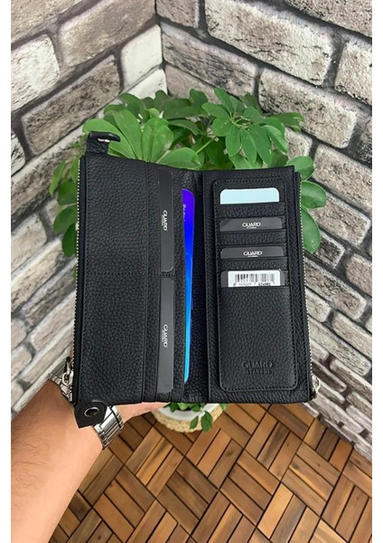 Hakiki Deri Siyah Çift Fermuarlı Telefon Gözlü Kadın Cüzdanı (T1576)