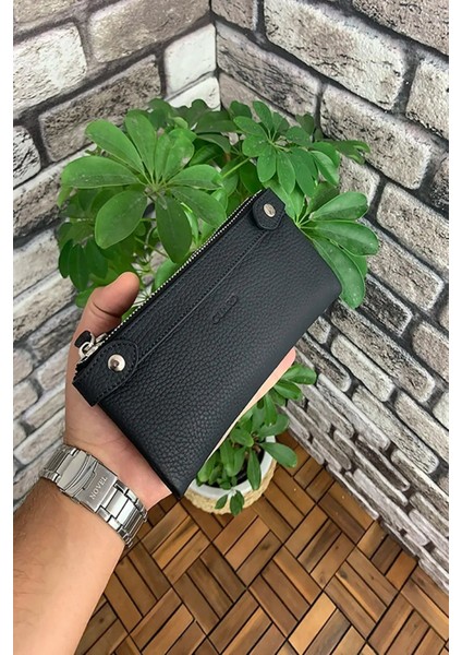 Hakiki Deri Siyah Çift Fermuarlı Telefon Gözlü Kadın Cüzdanı (T1576)