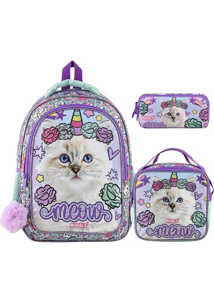 2 Bölmeli Pretty Cat Meow Okul Çantası + Beslenme Çantası +Kalemlik
