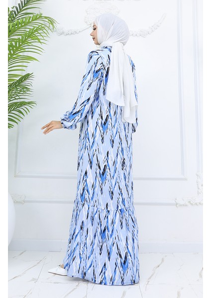 Viskon Kumaş Kolu Lastikli Desenli Elbise 2017-01 Saks indirimleri