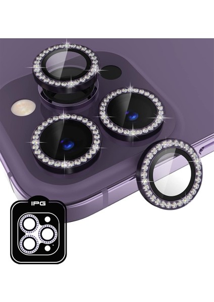 Apple iPhone 14 Pro / Pro Max Için Ipg Prolens Kamera Lens Koruyucu Elmas Taş Çerçeveli, Kırılmaz Cam