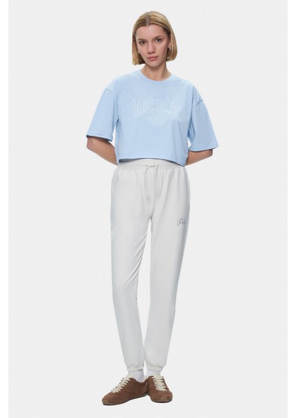 Helena Bej Bisiklet Yaka Oversize Crop Nakışlı Oversize Kadın Tshirt