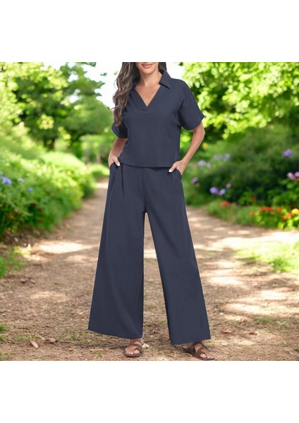 Yazlık V Yaka Rahat Keten Takım