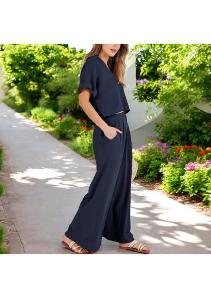 Yazlık V Yaka Rahat Keten Takım modelleri